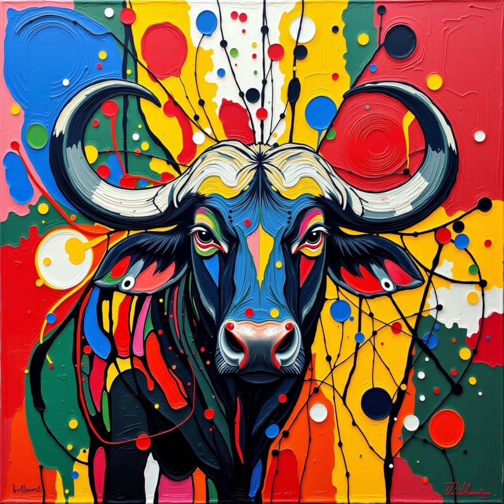 <lora:GazVibrantAbstract:1.0> Cape Buffalo in the form of vibrantabstract