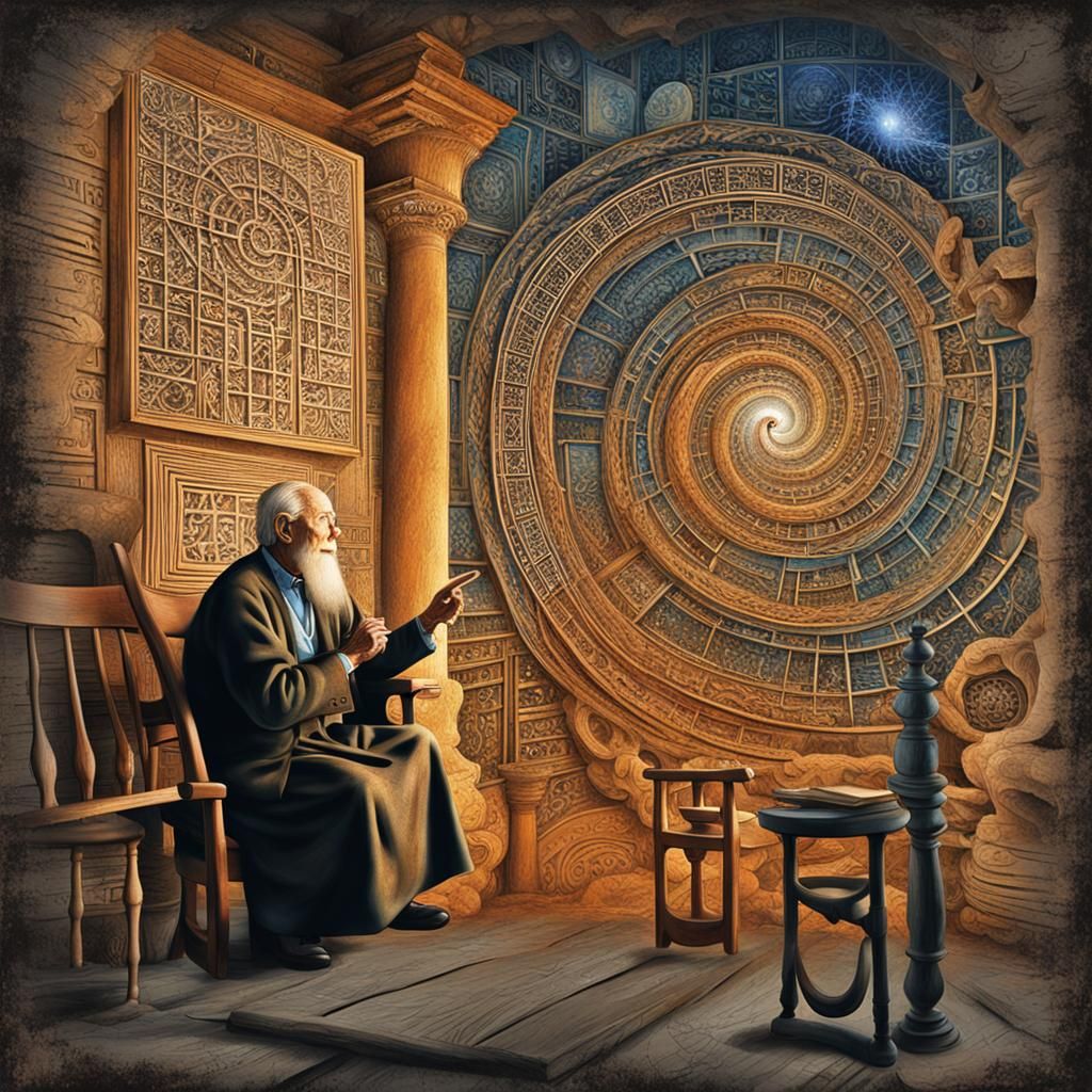 Using the provided image as inspiration, create a scene featuring an elderly man seated in a rustic chair, his wise expression reflecting de...