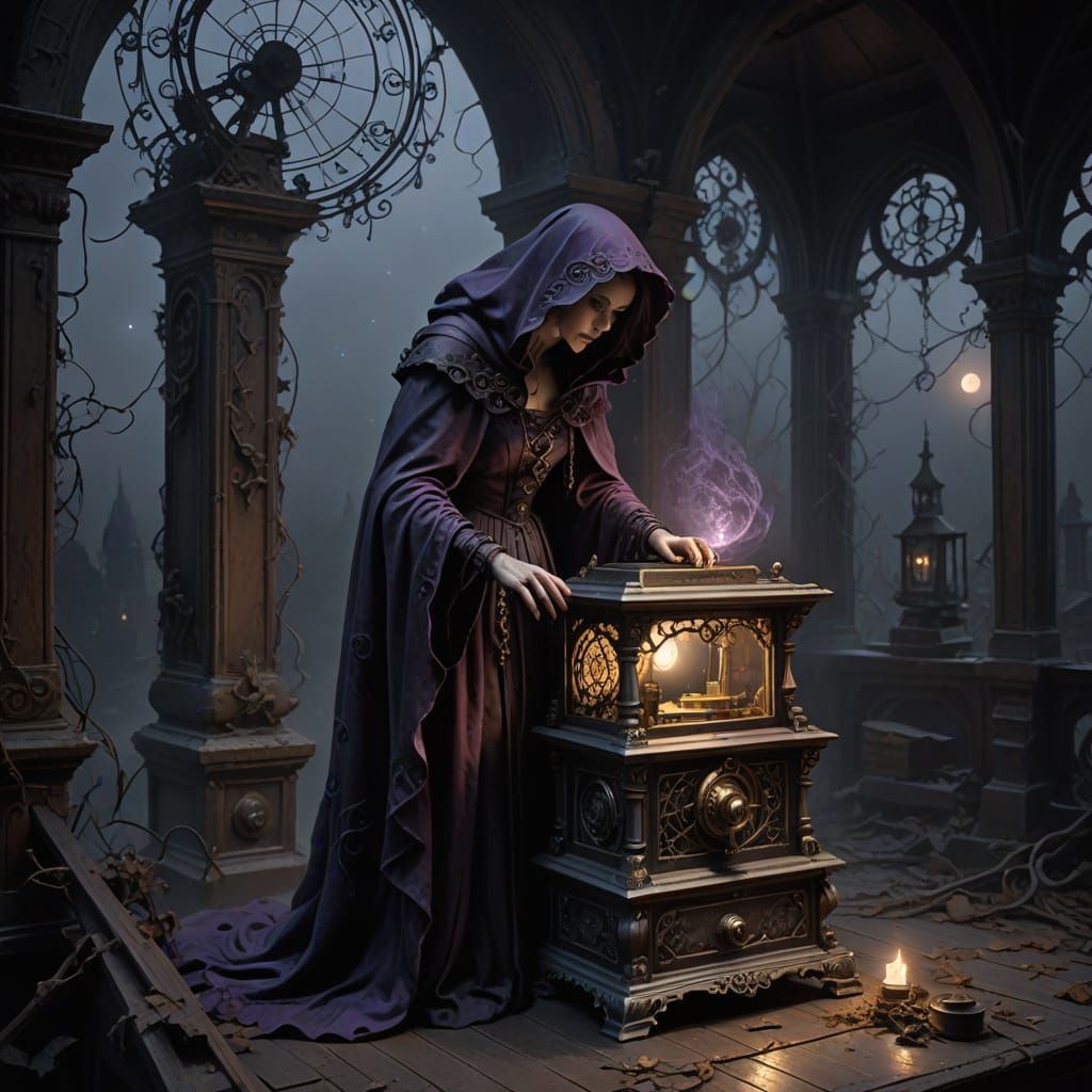 Gothic fantasy concept art. A lone witch in a tattered cloak stands before a crumbling, ancient music box, its gears exposed and rusted. The...