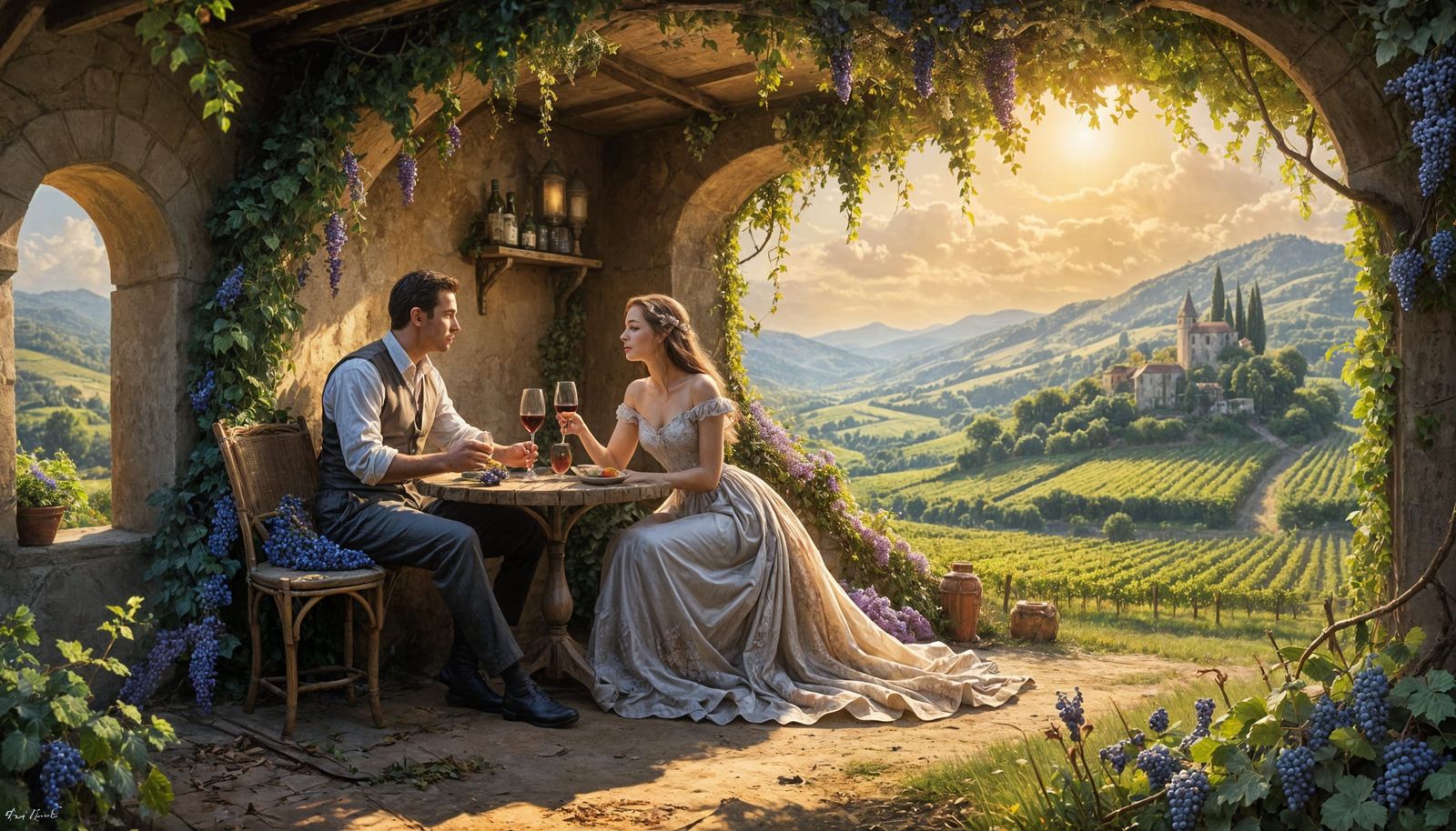 Vineyard owners toasting an especially bountiful harvest.   by @Caveman