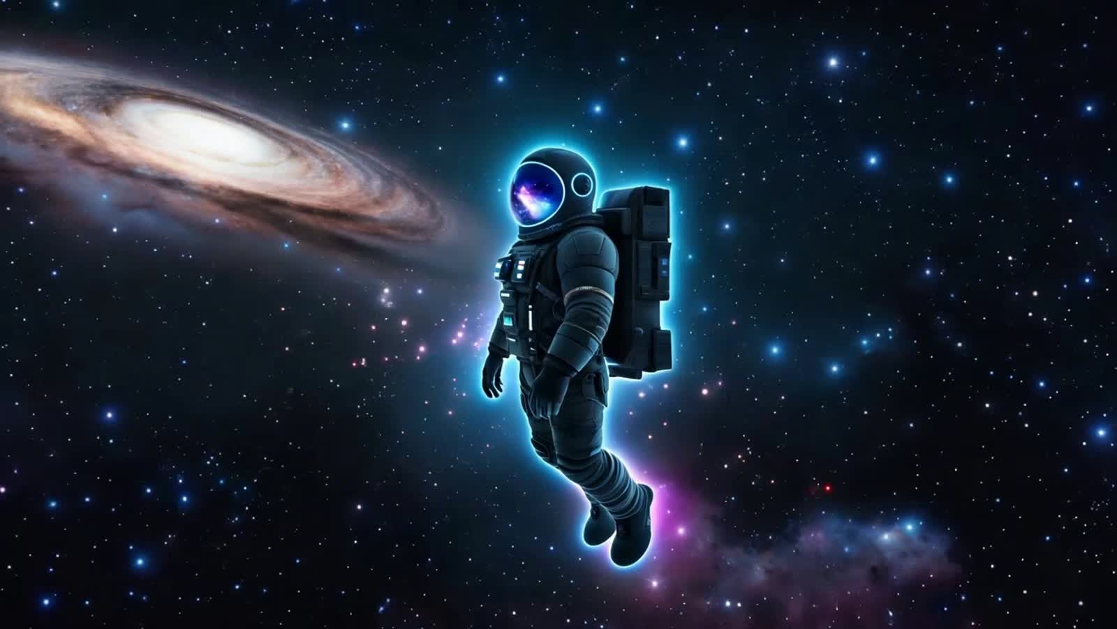 A lone astronaut adrift in a nebula, their helmet reflecting a distant, alien galaxy. The vast emptiness of space surrou...