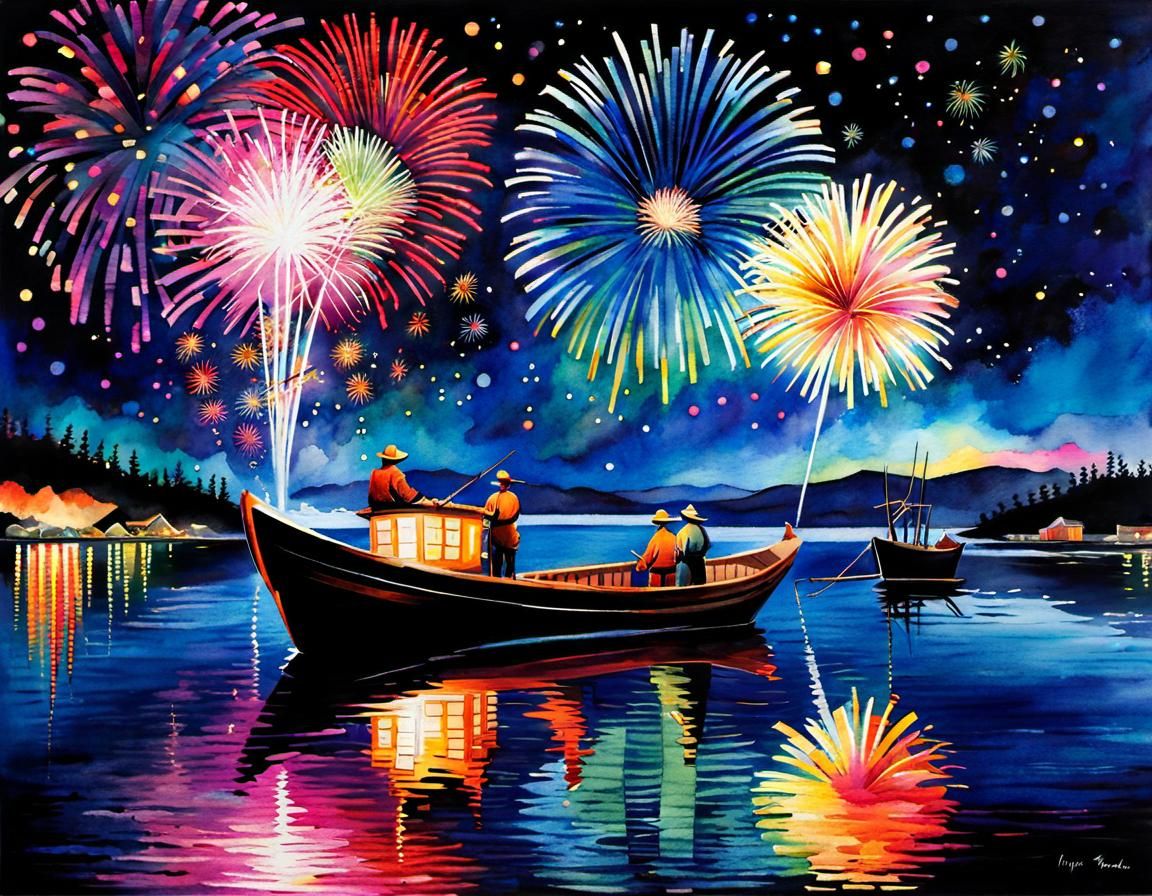 New Year's Celebration at Sea in Watercolor
