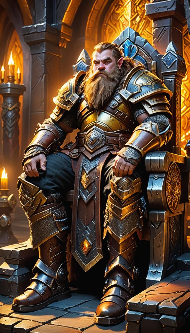young warcraft dwarf king with short brown hair, a long, thick beard, friendly, wearing intricately detailed and finely crafted heavy armor,...