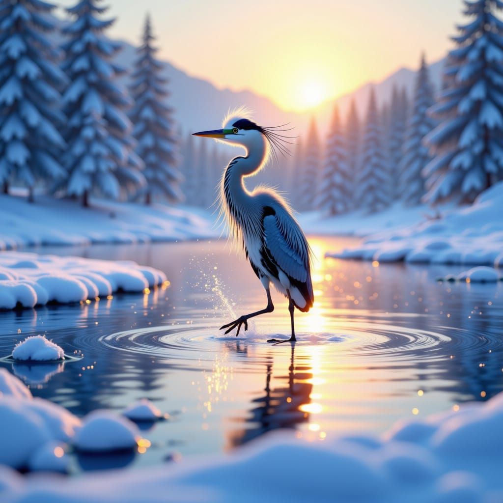 <lora:Heron Snow:1.0> Heron in a snowy winter scene vibrant pond sunset