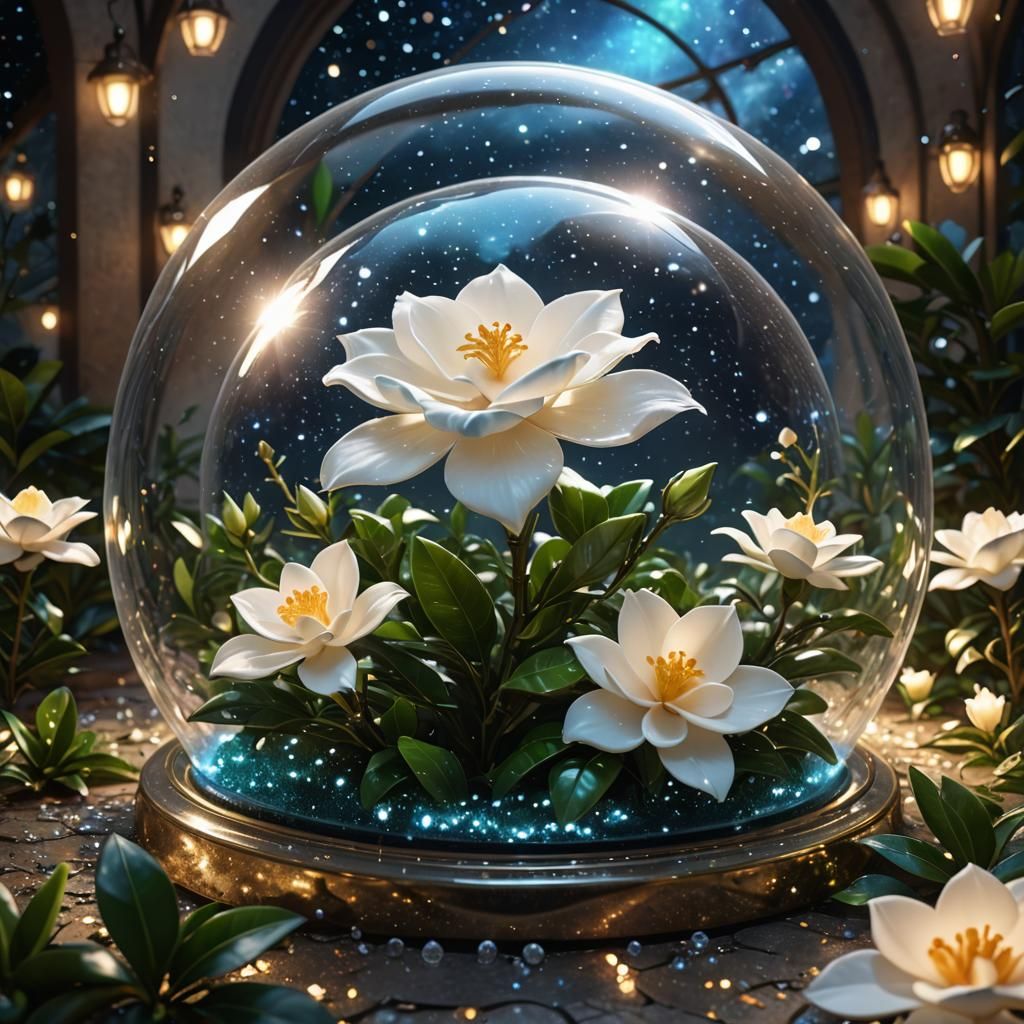 Create a gardenia flower in bloom, surrounded by a clear cos...