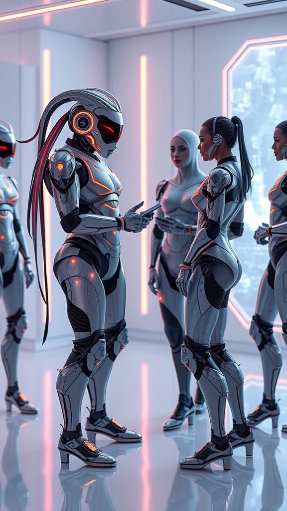 Cyborg AIs Negotiate in Futuristic Meeting