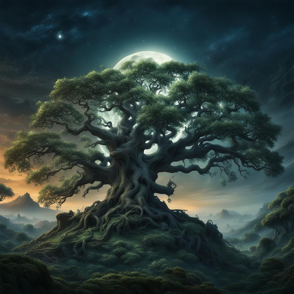 Ancient Tree Reaches for Moonlit Sky