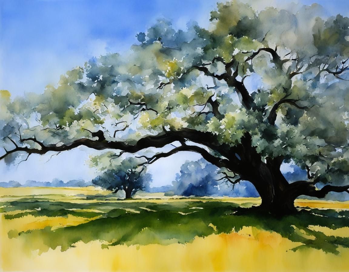 Rural Landscape, big old spreading oak tree washed in sun li...