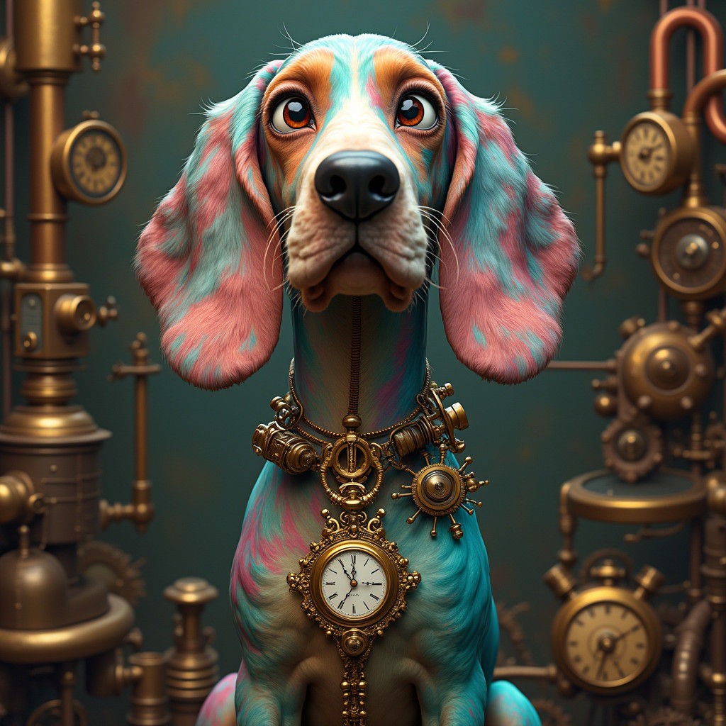 <lora:Collaged:1.0> eccentric bassett hound flamboyantly dressed, blue bow tie, steam punk

