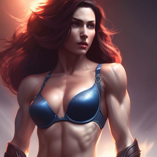 beautiful muscular girl with large bust, wearing bra exposin...