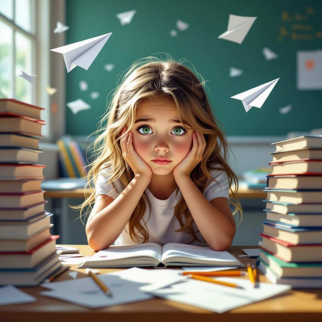 Helpless Girl Amidst Chaotic Desk, Dreamlike Atmosphere