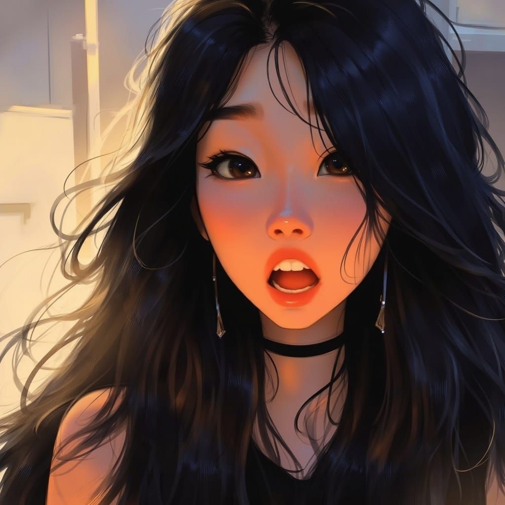 Cute Black-Haired Girl: Detailed Matte Painting