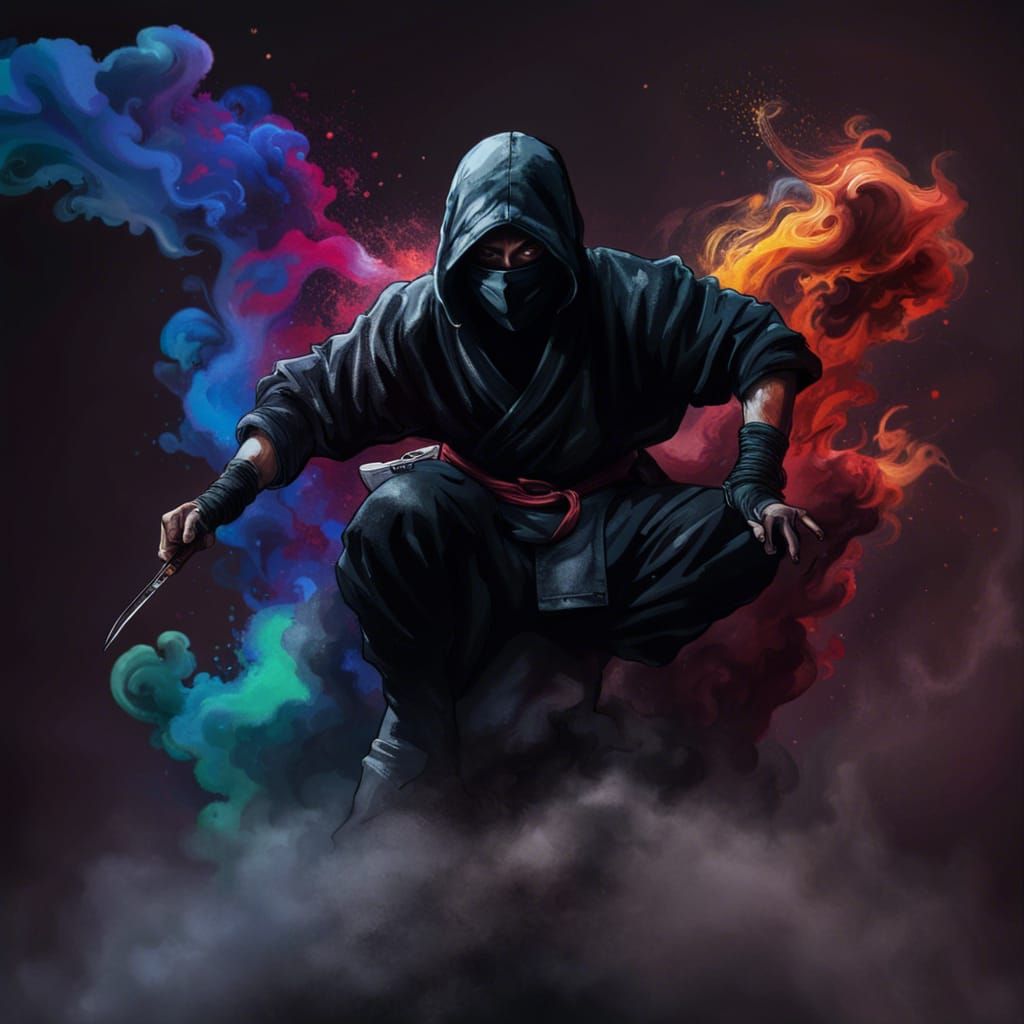 ninja standing over the top of someone with dark smoke coming off his back  Hyperrealistic, splash art, concept art, mid shot, intricately de - AI  Generated Artwork - NightCafe Creator