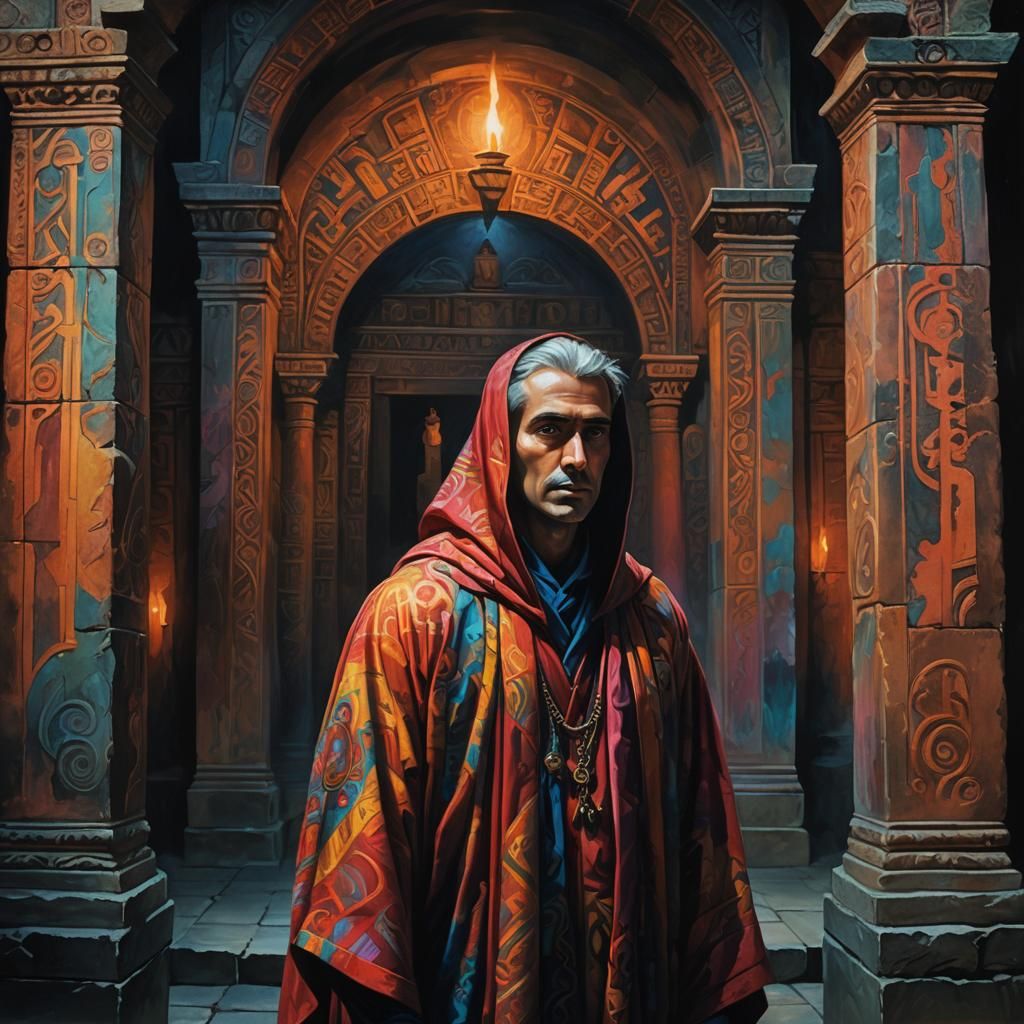 Mystical Robed Figure in Ancient Temple: Oil Painting