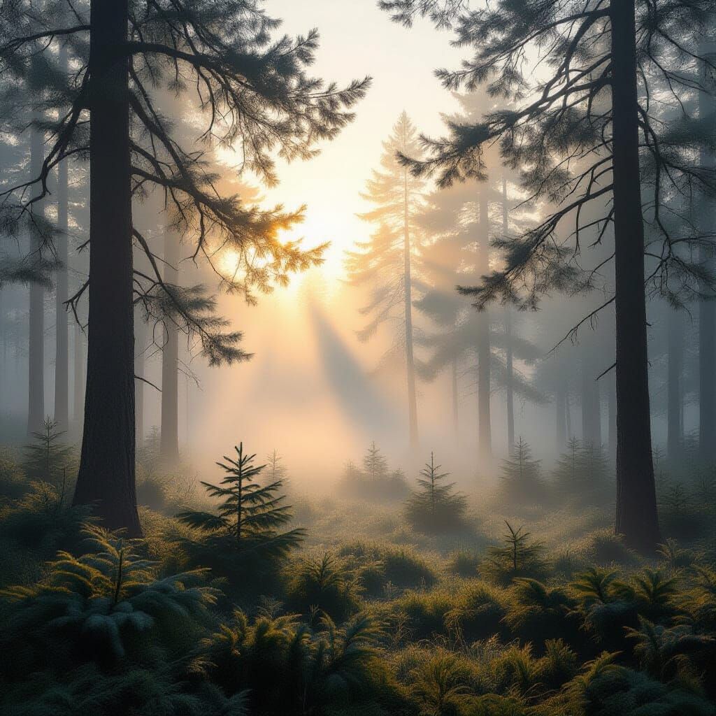 a pine forest hidden beneath morning fog  by @zerox777