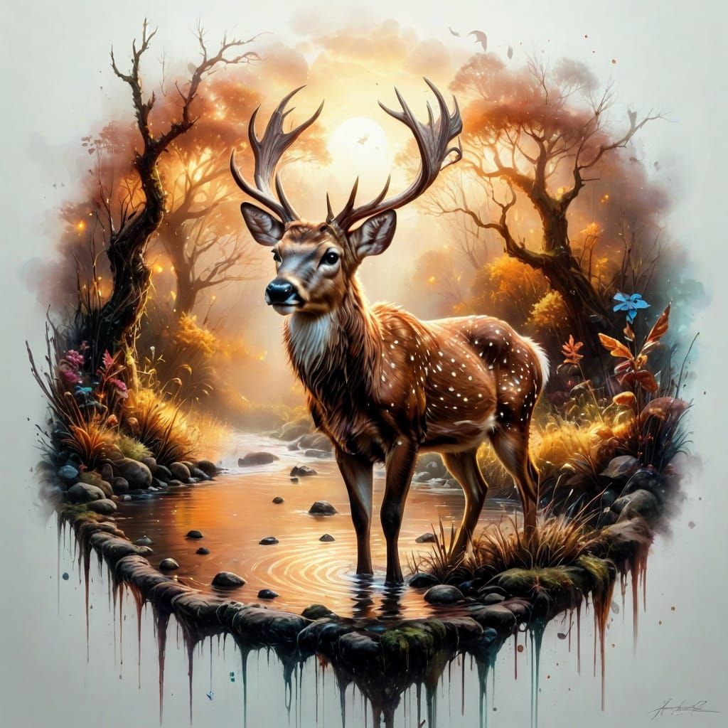 Fawn drinking in stream