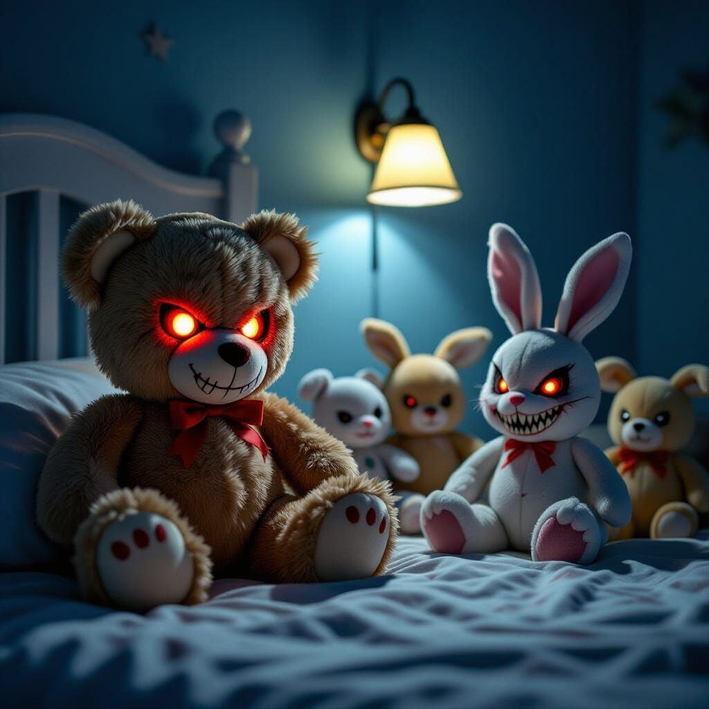 A darkly whimsical scene of plush toys turned mischievous villains. A once-adorable teddy bear sits on ...  by @ALIXSIAL