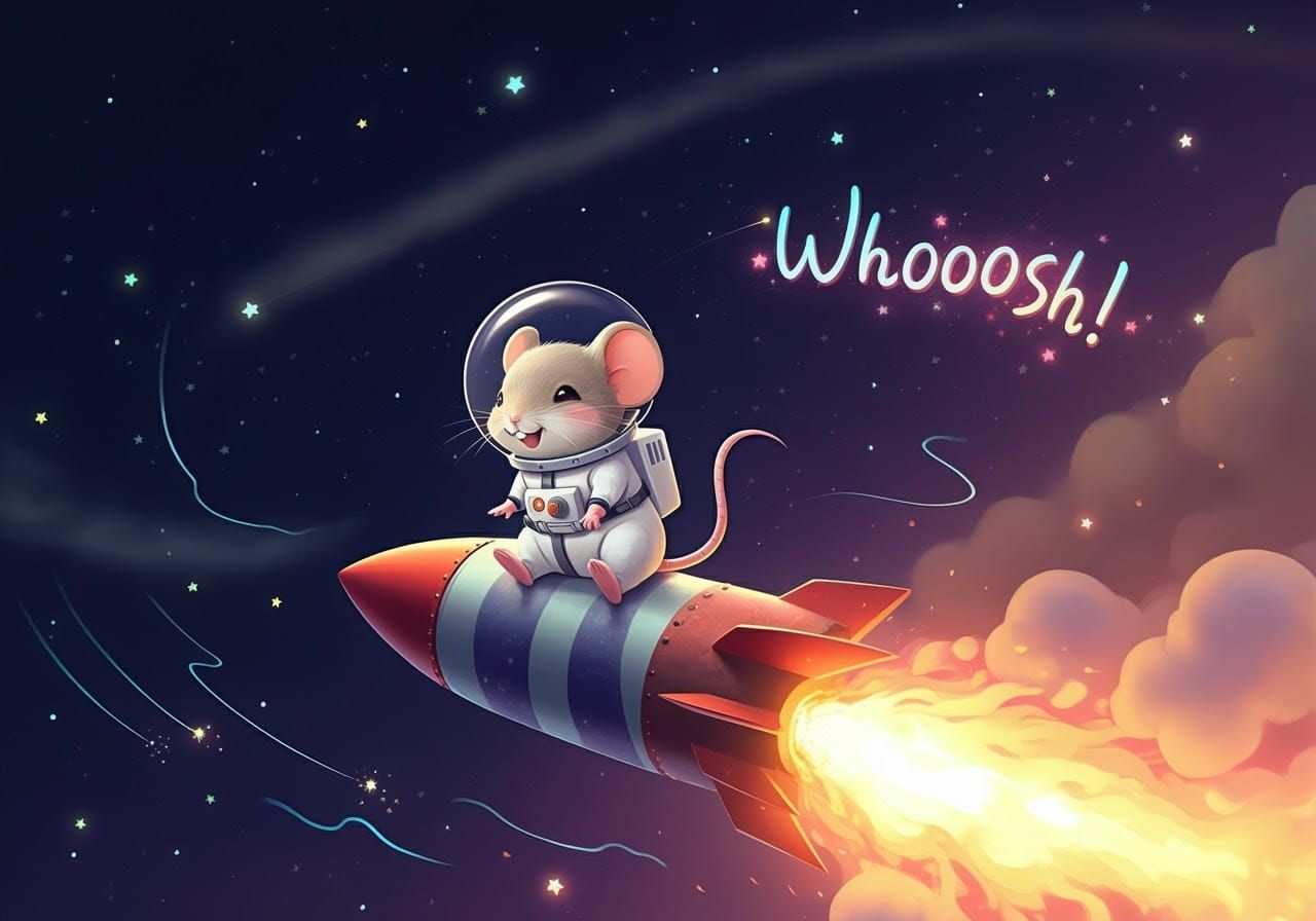A cute chibi little mouse sitting on a firework rocket, blasted into the night sky doing dazzling loops, the mouse is holding on tight with...