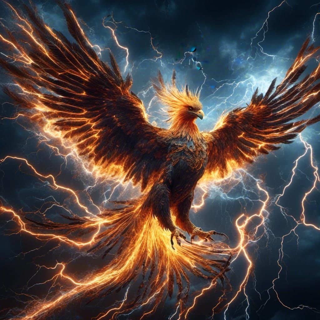 <lora:Raio:1.0> An incredible phoenix made of lightning, digital art, lightning, intense, thunderbolts, dynamic masterpiece, correct anatomy...