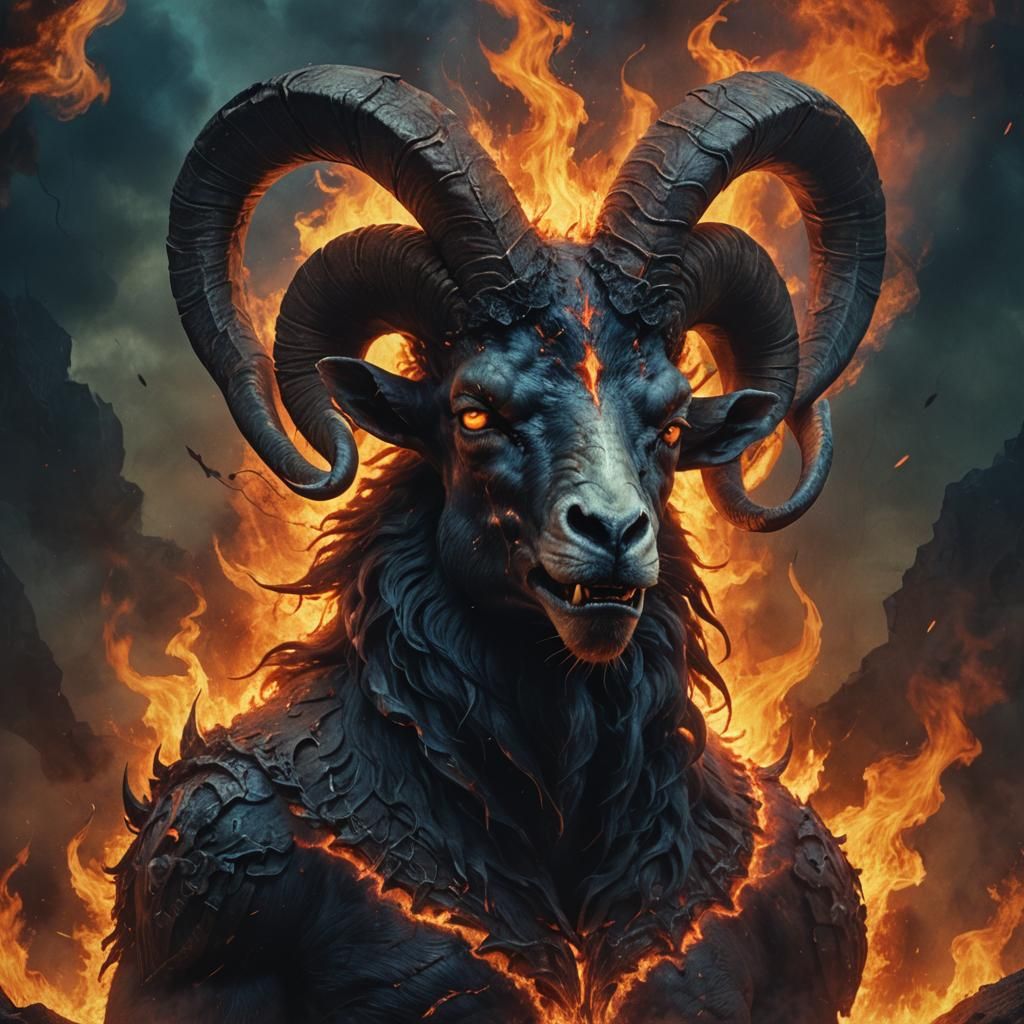 Demon, ram, flames all around, arrows impacting his head