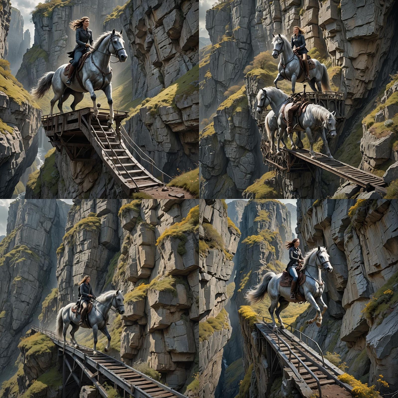 A short young woman is riding a gray stallion up a rickety m...