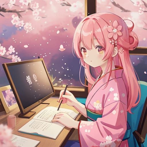 Anime Girl in Kimono Pours Tea Amidst Cherry Blossoms