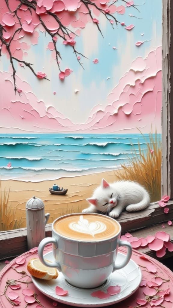 Fluffy Kitten Sleeps at Beach Cafe Under Pink Clouds