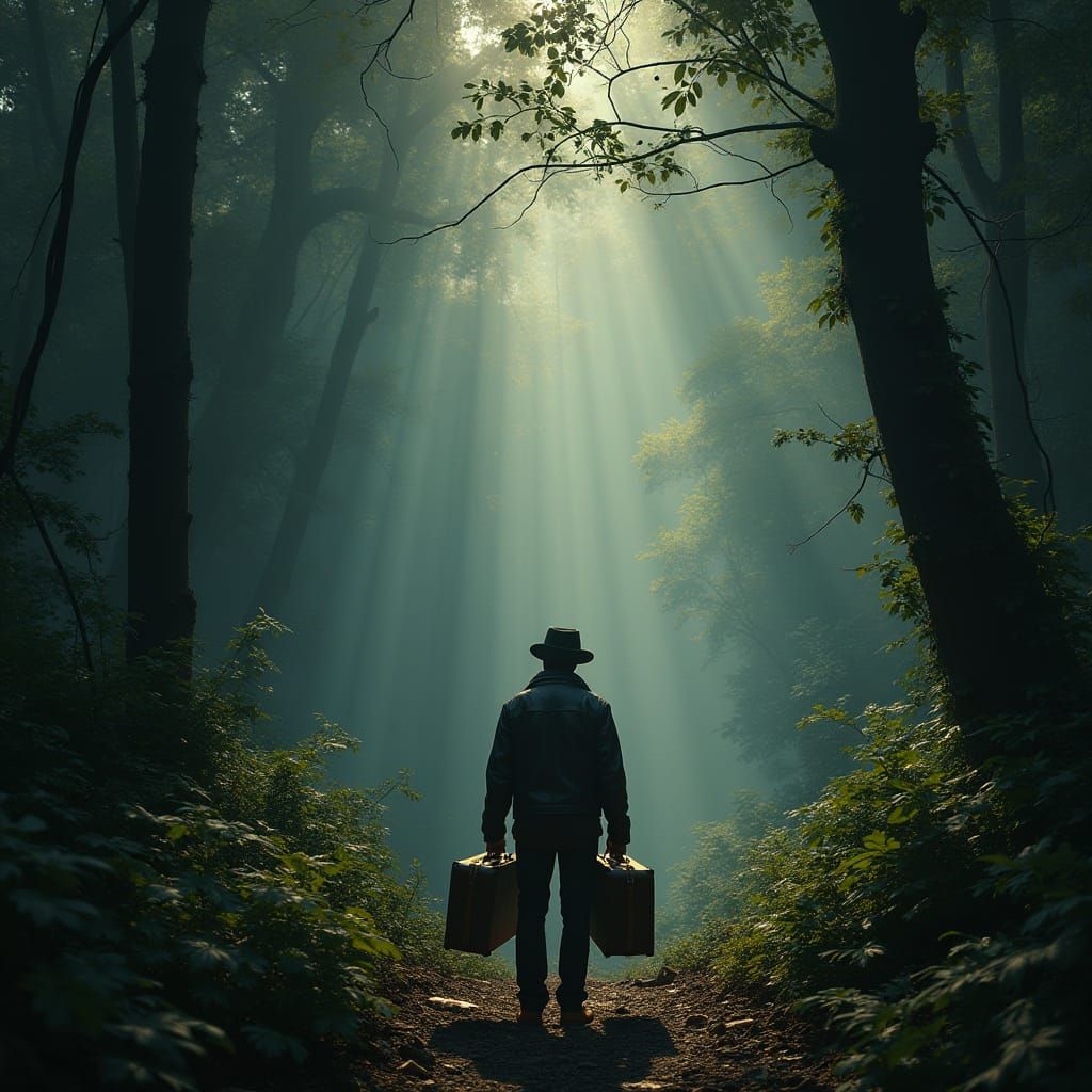 Hesitant Traveler at Jungle's Edge in Noir Style