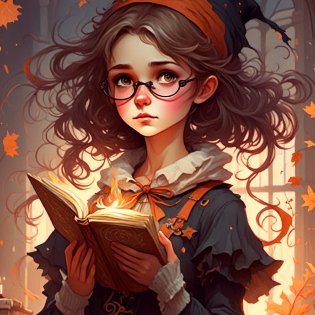 cute witch girl brown hair brown eyes glasses doing a spell full body ...