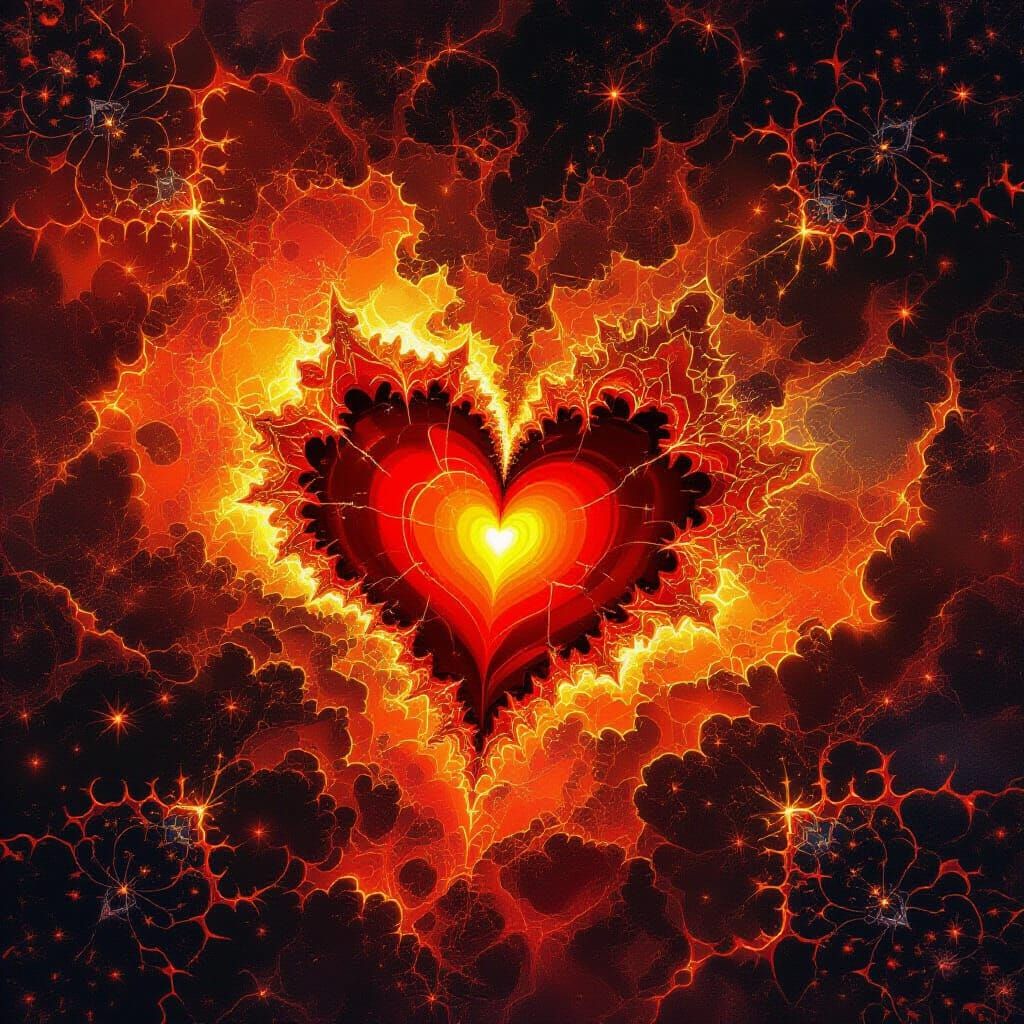 A majestic fractal with red and orange hearts all over the place, ink splash, Mandelbrot heart with red blood flow and gold sparks 💖