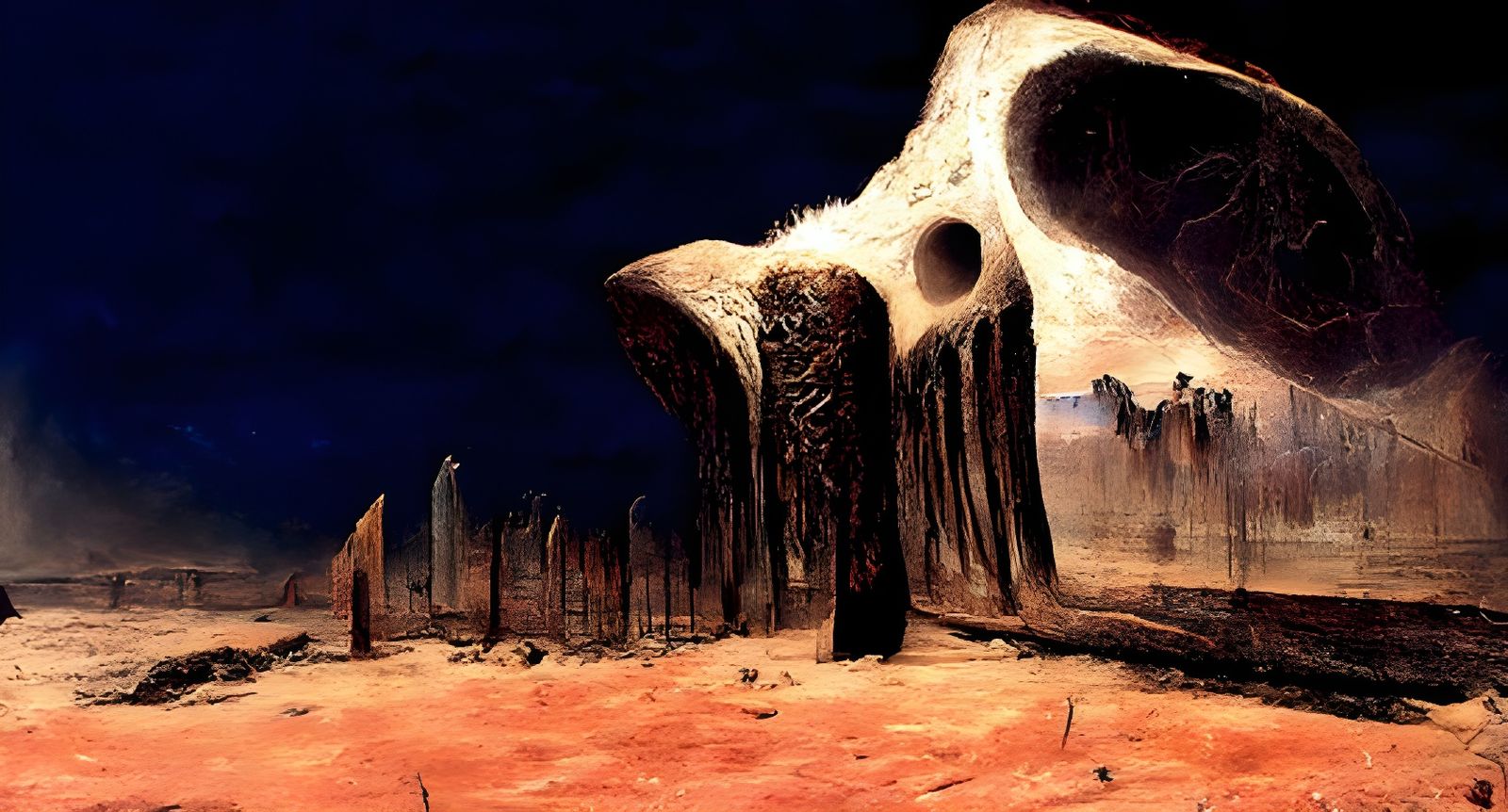 Bone wall in a nocturnal desert landscape