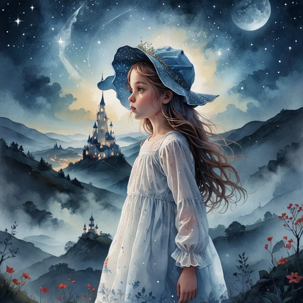 Over-detailed illustration of little Girl in a white nightgo...