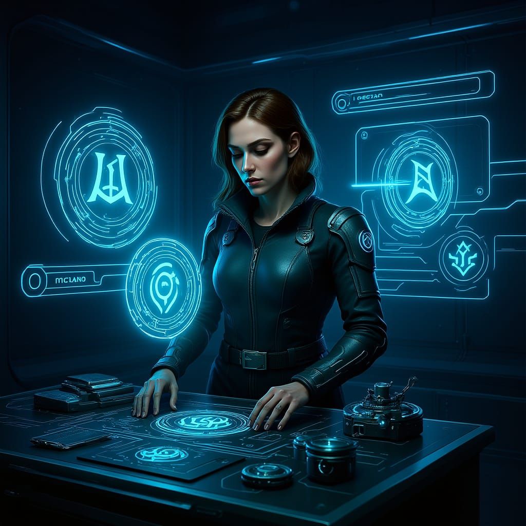 The Rune Engineer
In a sleek arcane laboratory, a student engraves glowing sigils into circuitry while spectral blueprints hover midair. Spa...