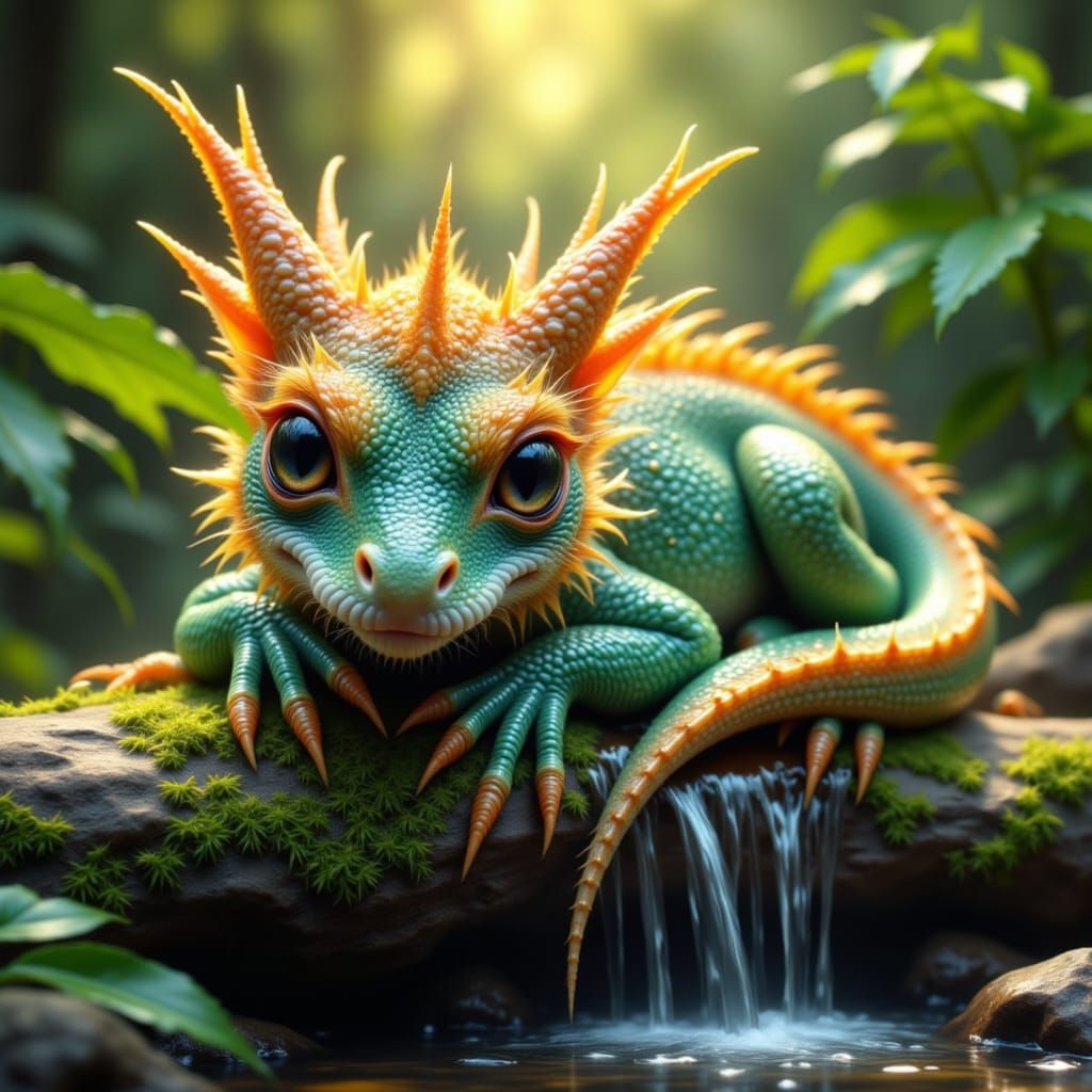 little colorful dragon, lies on a big rock under a small waterfall, waterdrops on the skin reflecting the light like little stars, in the su...