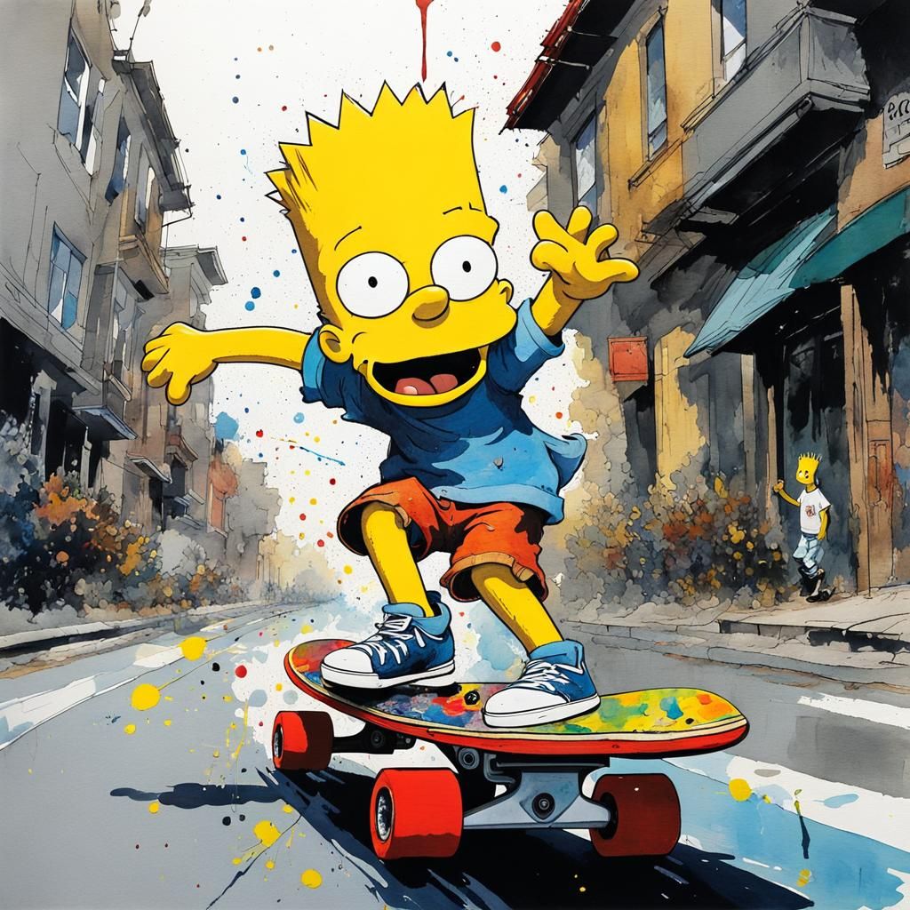 Bart Simpson on skateboard running down the street