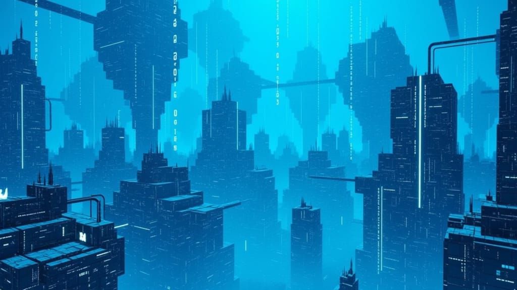 <lora:Sector Six:1.0> A hyper vivid cityscape composed of dystopian buildings surrounded by blue fog with a light shining through it, bright...