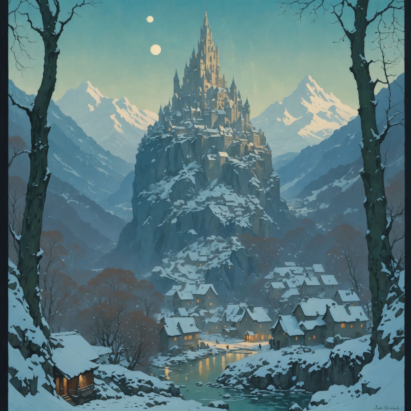 Impasto painting of an elven city in winter, art by Claude M...