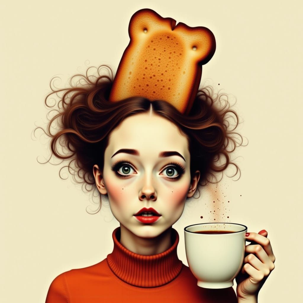  <lora:Sureally:1.0>  A woman's head is creatively depicted with an open top, from which toasted bread pops out. She is holding a cup of cof...