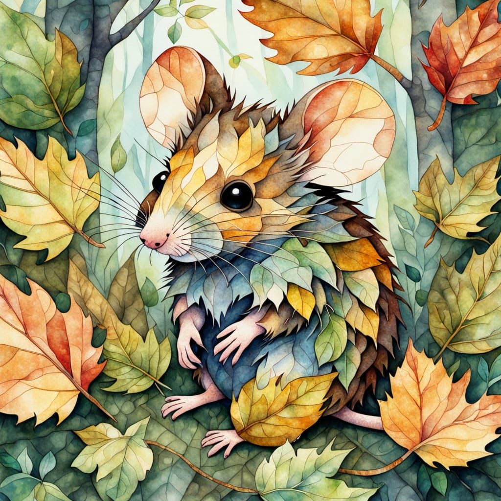 Patchwork mouse hiding in the leaves in the forest (5)  by @Rachel the Authentic