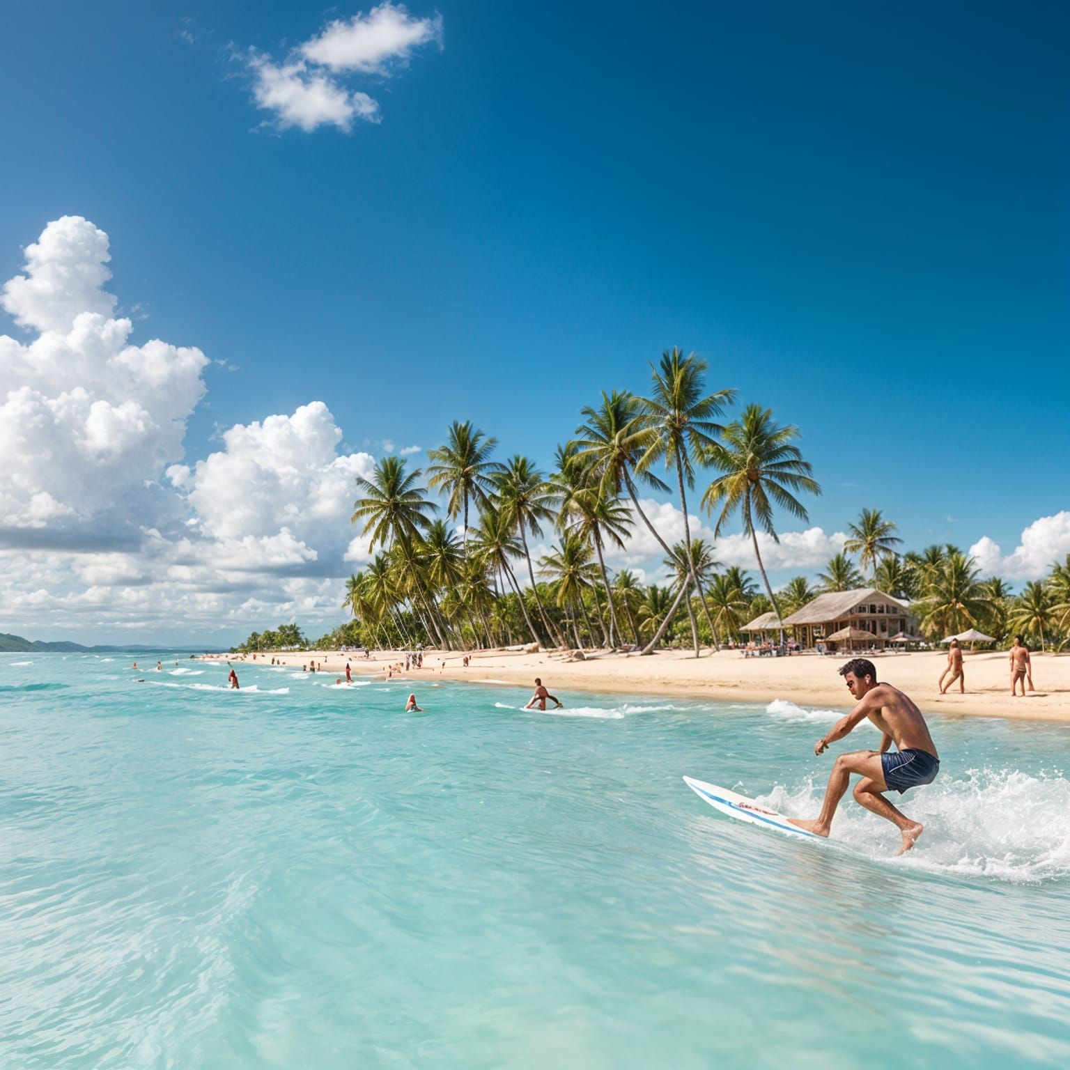 A beach in fiji with surfers riding the waves. A clear blue sky. Civilians on the beach  by @Airidesa