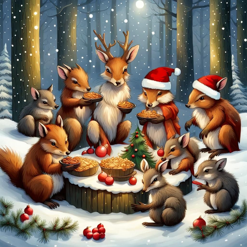 Small Forest Animals celebrating Christmas together by gathering and sharing food.  by @Pam