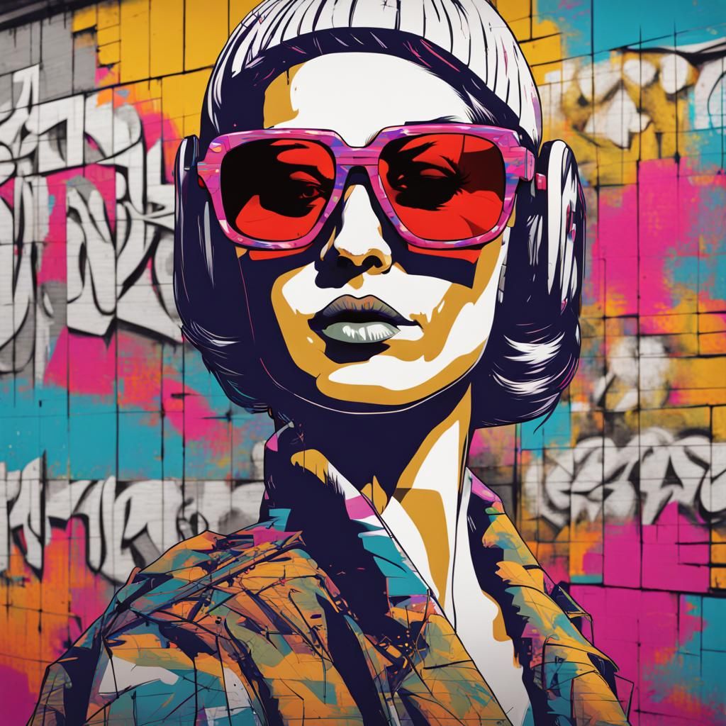 A rotwieler wearing sunglasses in front of a wall with a lot...