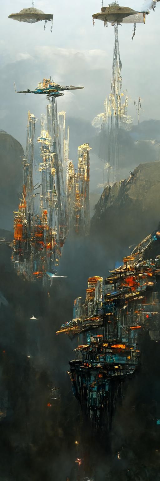Ships fly above the beautiful architectural ruins of a desolated majestic futuristic technologically advanced cyberpunk Japanese civilization in space. 