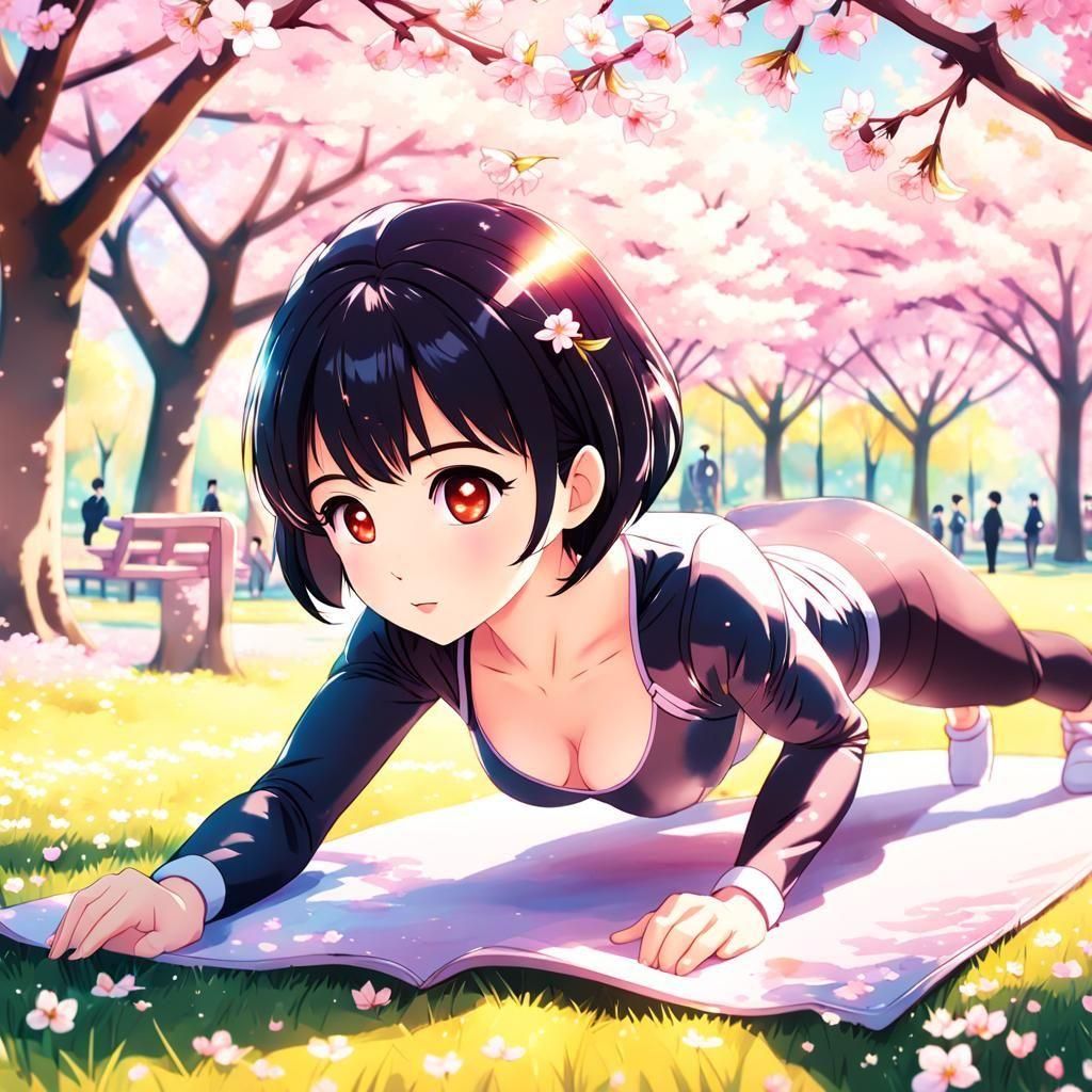 Anime Woman Doing Push-ups with Cute Background