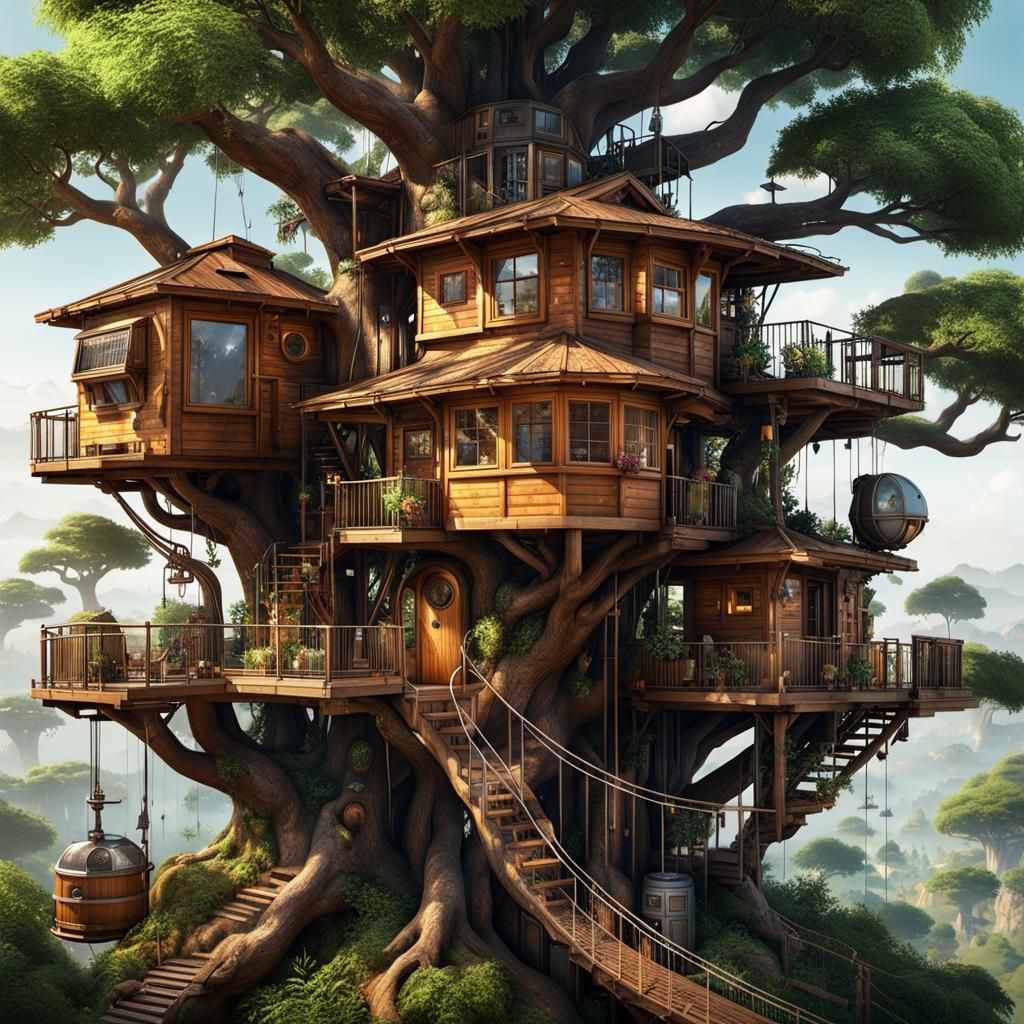 view of a tree house full of cutting-edge technological devi...