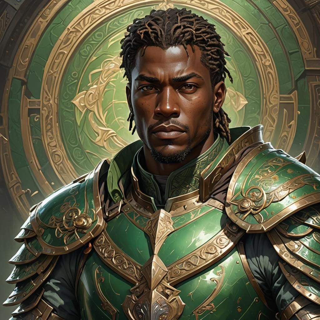 Male african Paladin in green armour brown hair head and shoulders ...