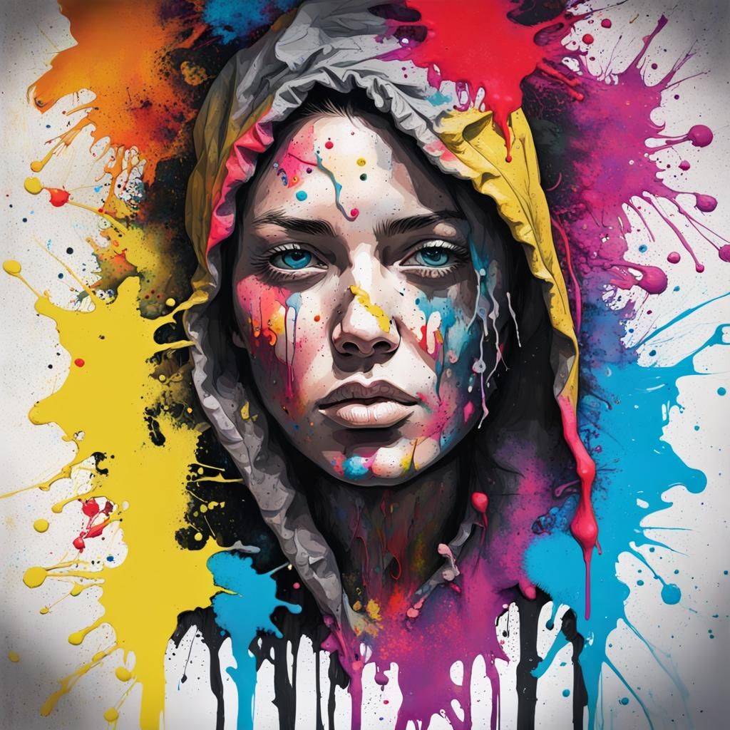 Ink Splatter portrait with bits of color graffiti art, splash art