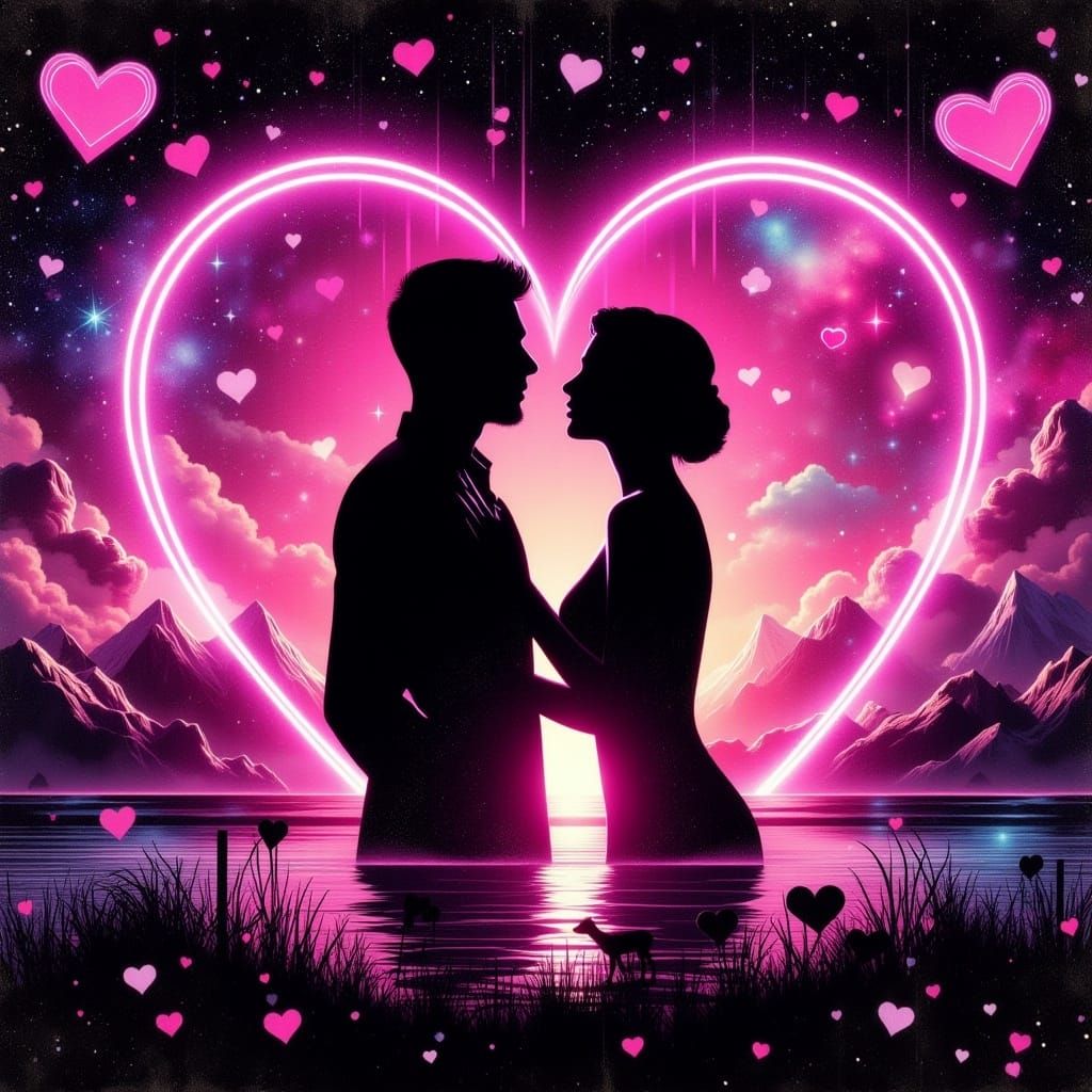<lora:MixedMedia:1.0> Romance silhouette couple neon hearts in synthwave skies