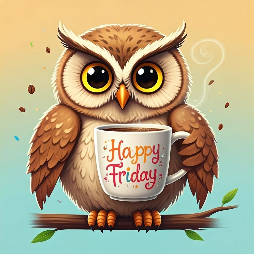 Cheerful Cartoon Owl Celebrates Happy Friday