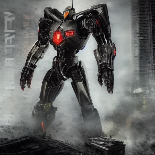 <lora:Jaeger Image:1.0> Il a quatre bras : deux supérieurs avec des lames acérées, et deux inférieurs dotés de crochets. Ses épaules sont éq...